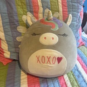 Squishmallows Gray Unicorn Pillow with Pastel Mane and Pink Heart